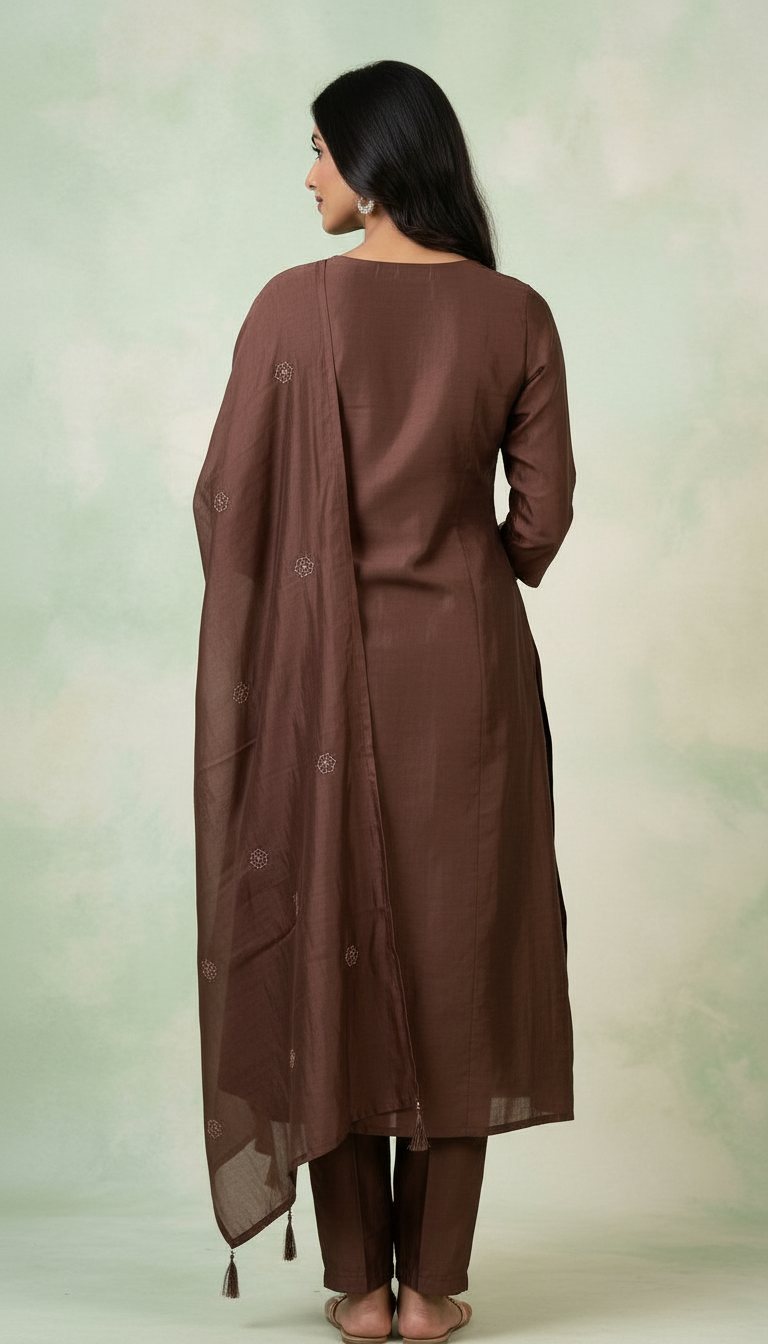 Shimmer Glass Fabric With Embroidery Stitched Frock Suit Set - Brown 2913 A / HC002426 view 6