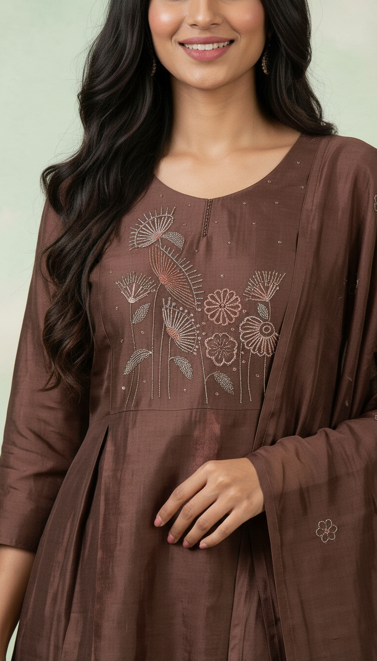Shimmer Glass Fabric With Embroidery Stitched Frock Suit Set - Brown 2913 A / HC002426 view 4