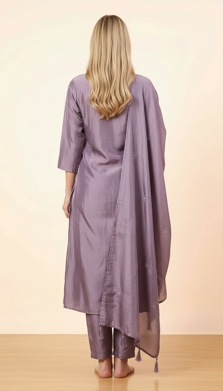 Shimmer Glass Fabric With Embroidery Stitched Suit - Purple L 2913 A / HC002428 view 4