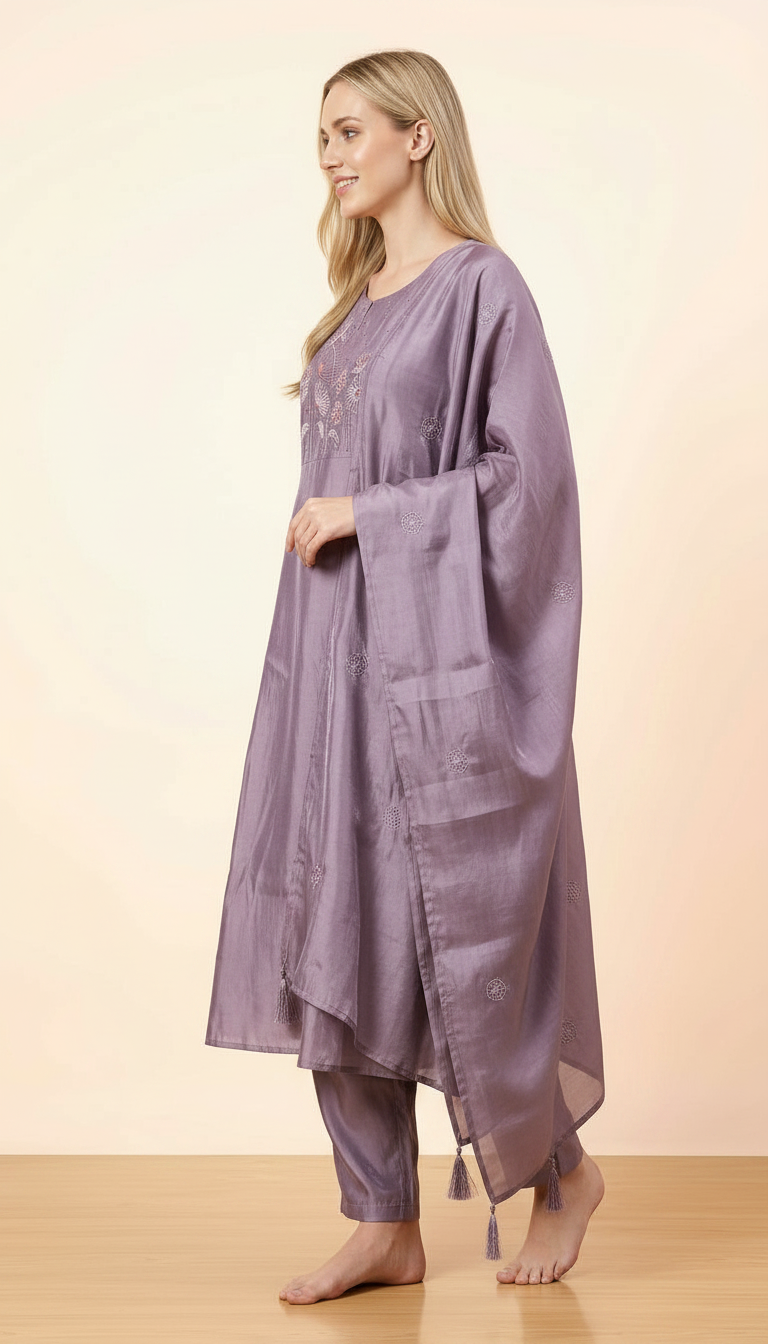 Shimmer Glass Fabric With Embroidery Stitched Suit - Purple L 2913 A / HC002428 view 2
