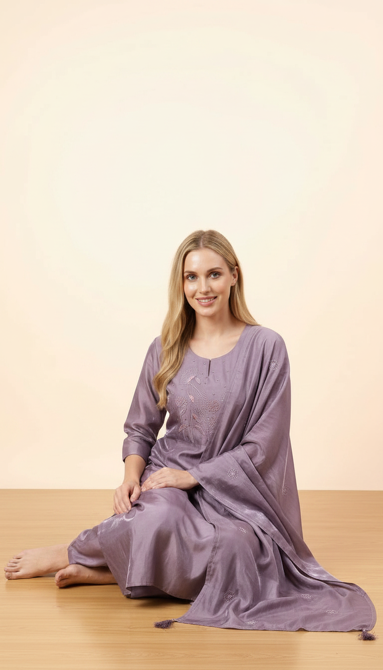 Shimmer Glass Fabric With Embroidery Stitched Suit - Purple L 2913 A / HC002428 view 6