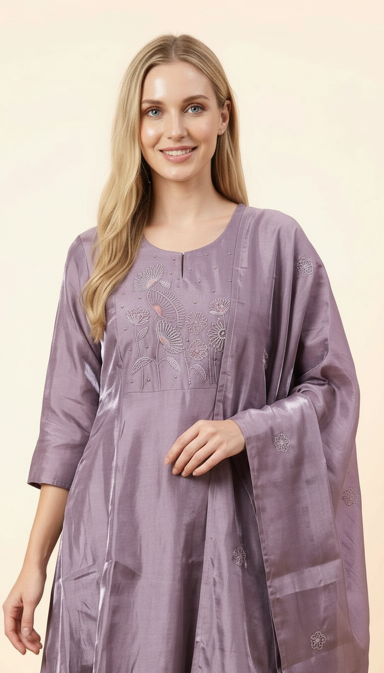 Shimmer Glass Fabric With Embroidery Stitched Suit - Purple L 2913 A / HC002428 view 5