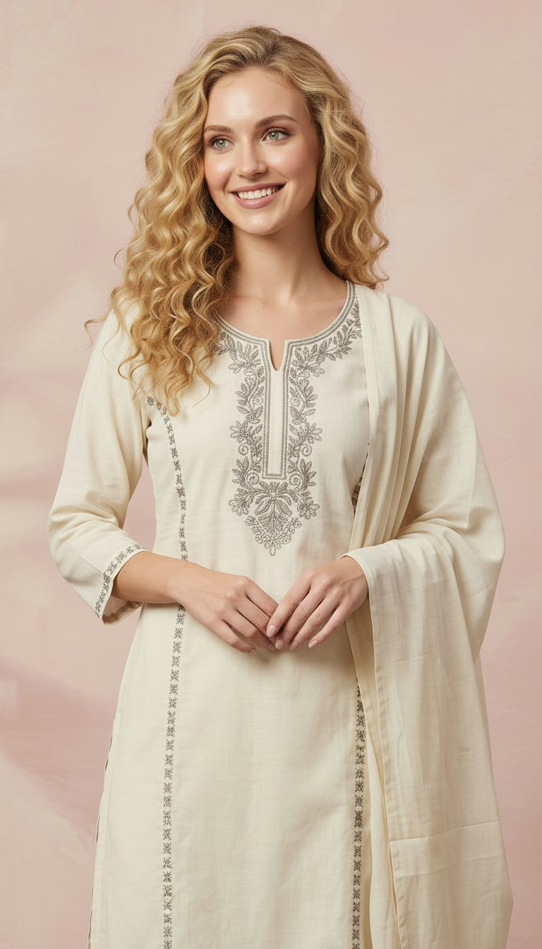 Embroidered Work Pure Cotton Stylish Suit Set - Cream 2898 / HC002387 view 4