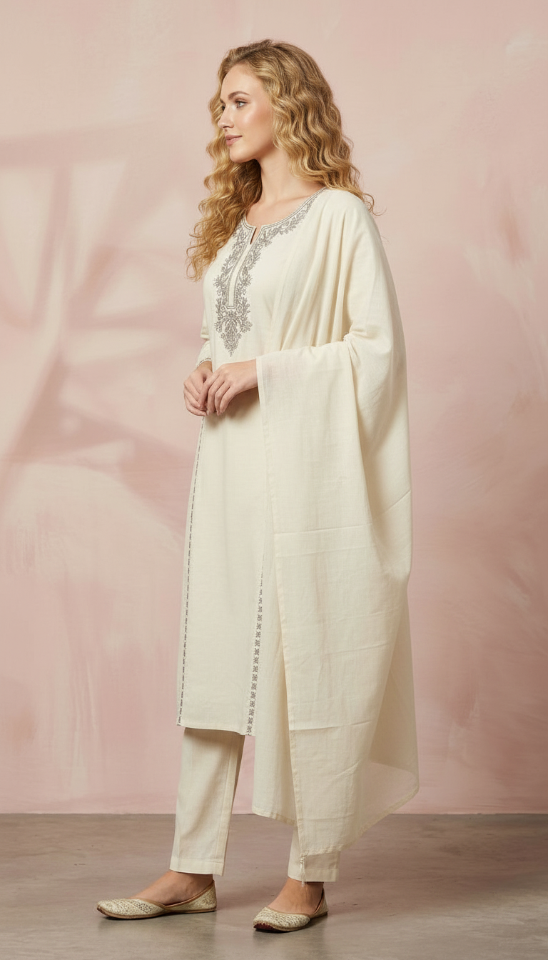 Embroidered Work Pure Cotton Stylish Suit Set - Cream 2898 / HC002387 view 2