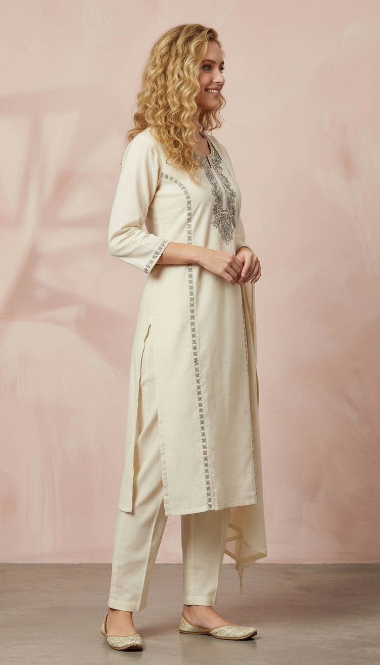 Embroidered Work Pure Cotton Stylish Suit Set - Cream 2898 / HC002387 view 3