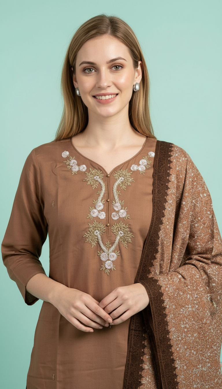 Embroidered Elegant Stylish Black Stitched Suit Set - Coffee Brown 2864 A - /HC002425 view 3