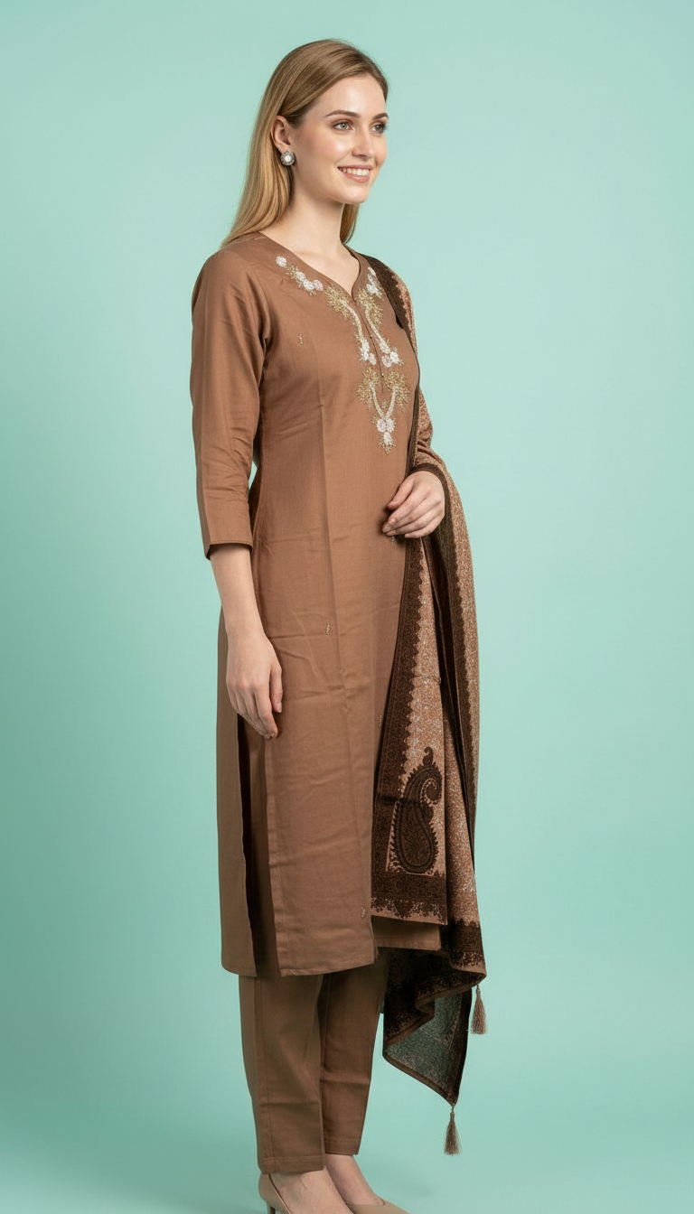 Embroidered Elegant Stylish Black Stitched Suit Set - Coffee Brown 2864 A - /HC002425 view 2