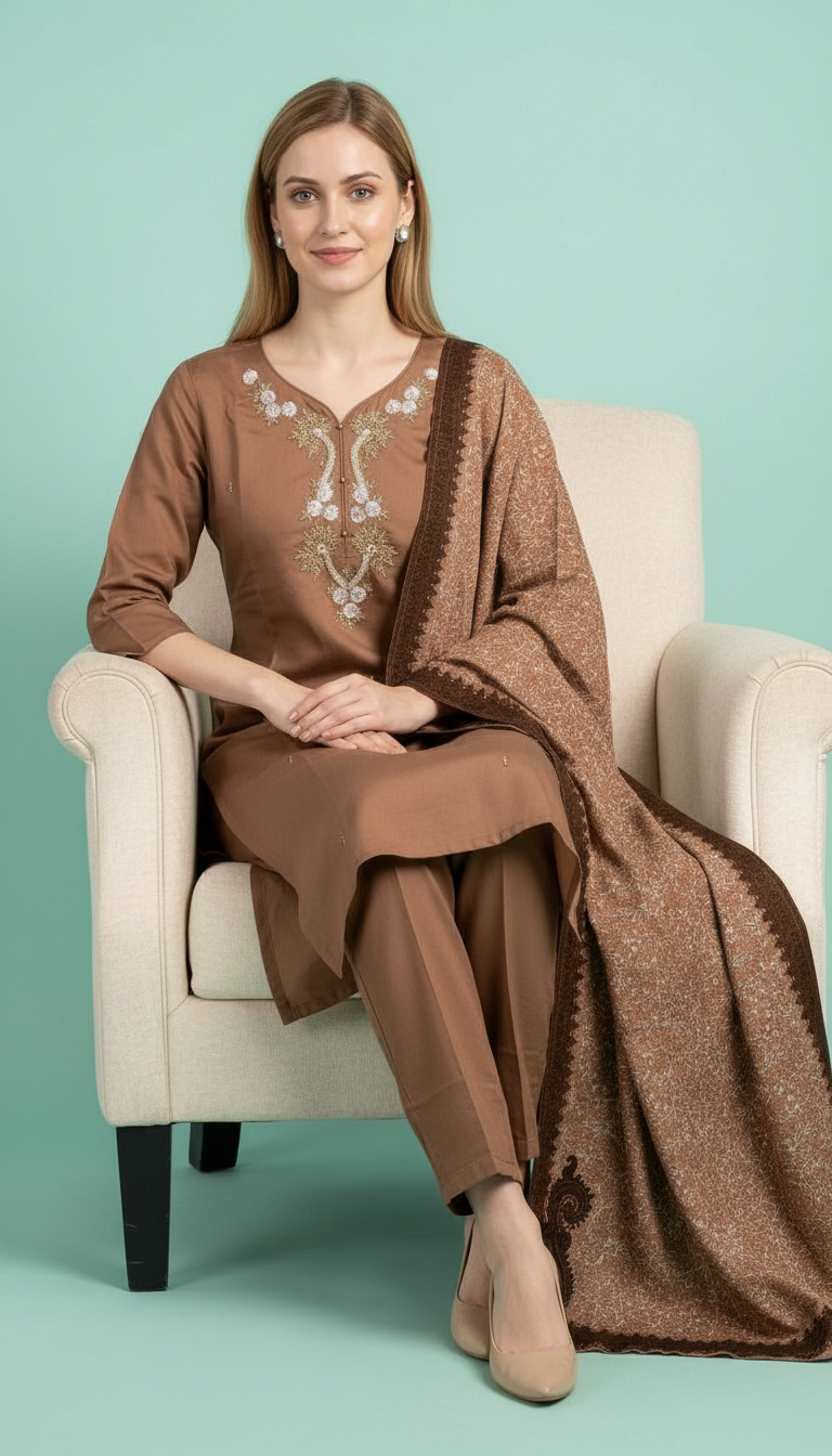 Embroidered Elegant Stylish Black Stitched Suit Set - Coffee Brown 2864 A - /HC002425 view 5