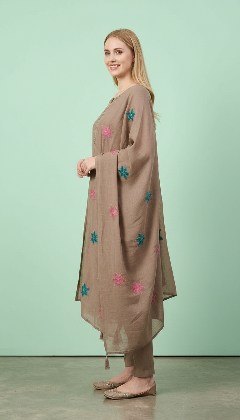 Embroidered Stylish Cotton Stitched Suit Set - Light Brown 2940 A / HC002424 view 3
