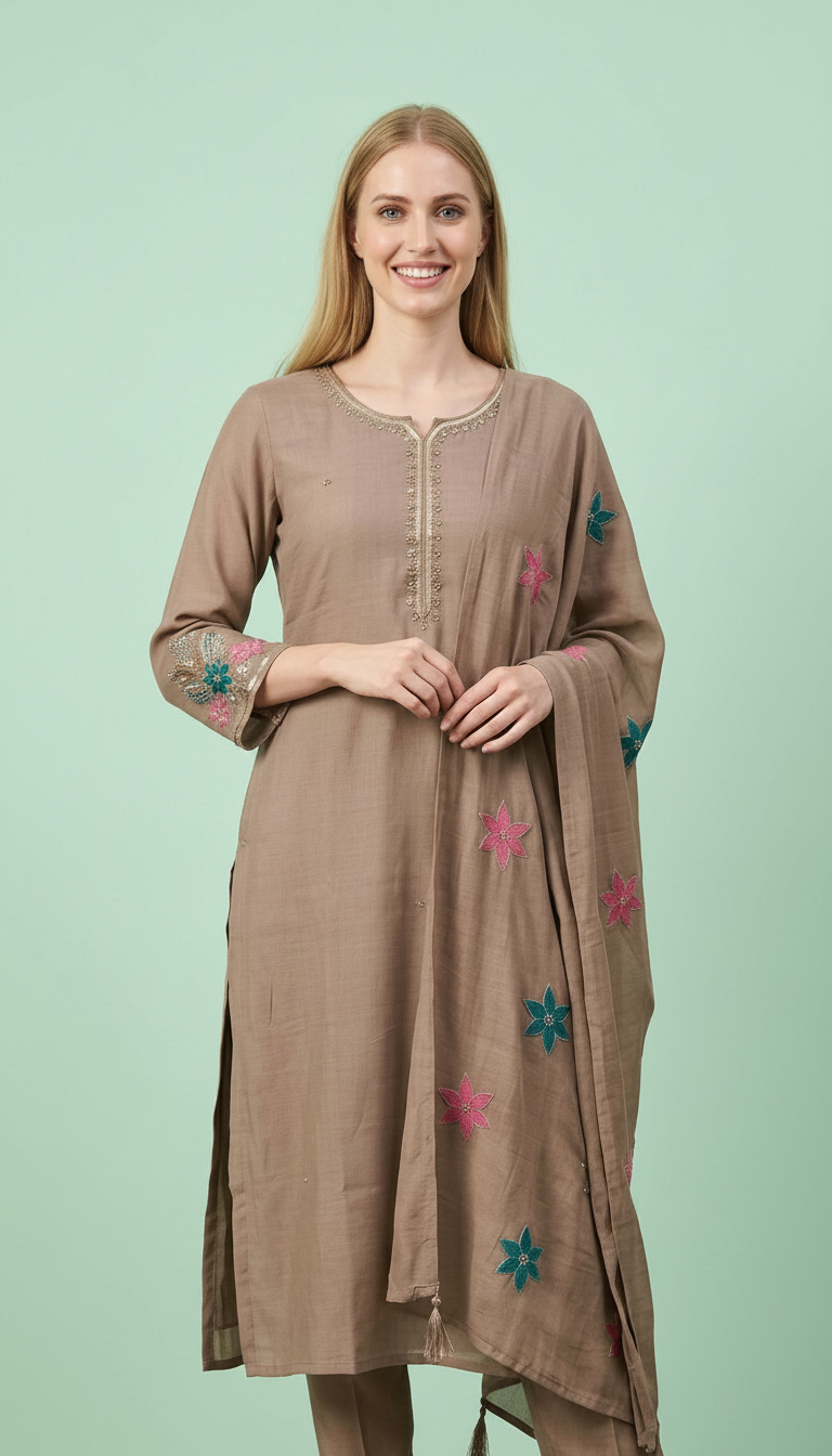 Embroidered Stylish Cotton Stitched Suit Set - Light Brown 2940 A / HC002424 view 4