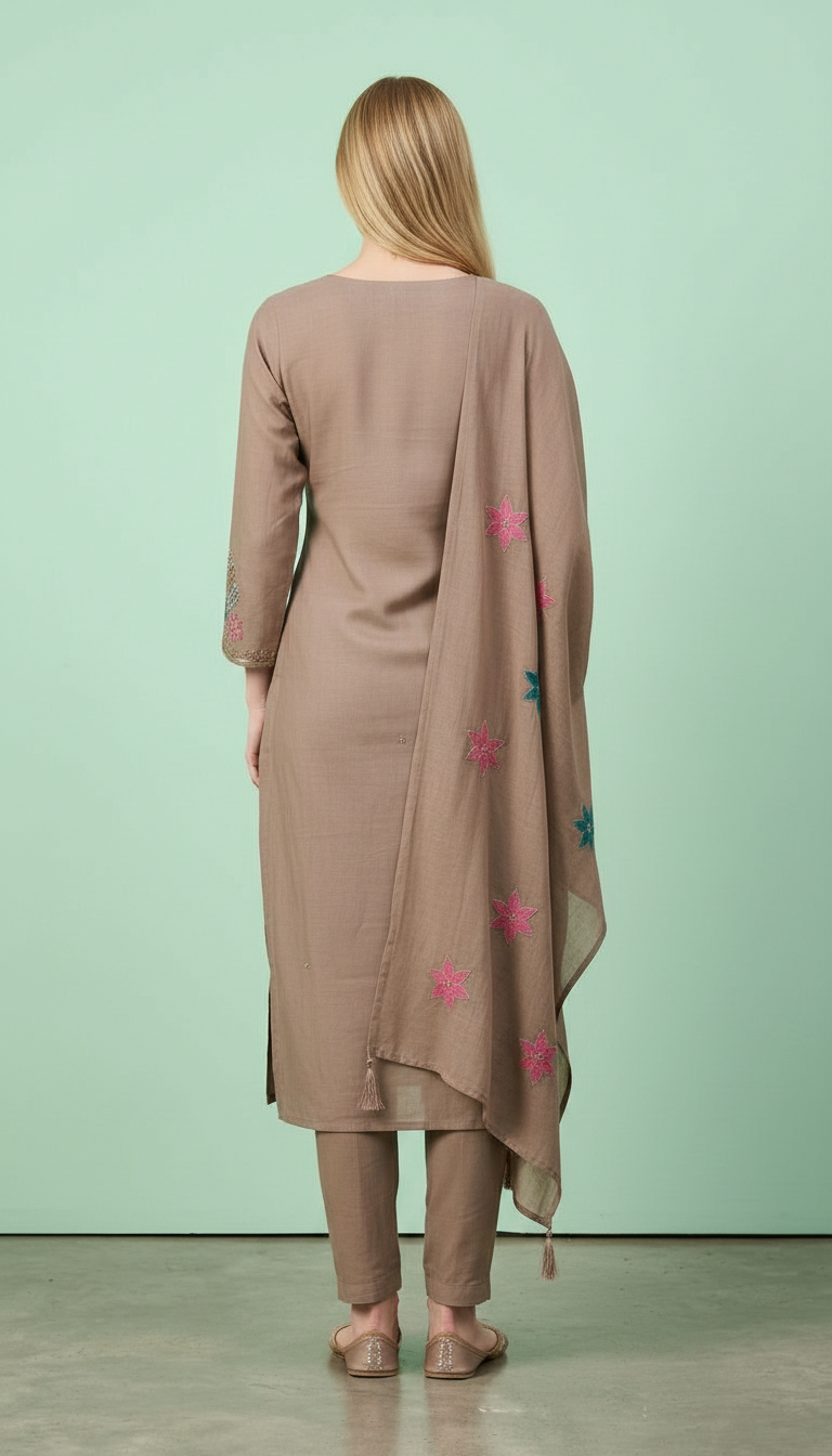 Embroidered Stylish Cotton Stitched Suit Set - Light Brown 2940 A / HC002424 view 6