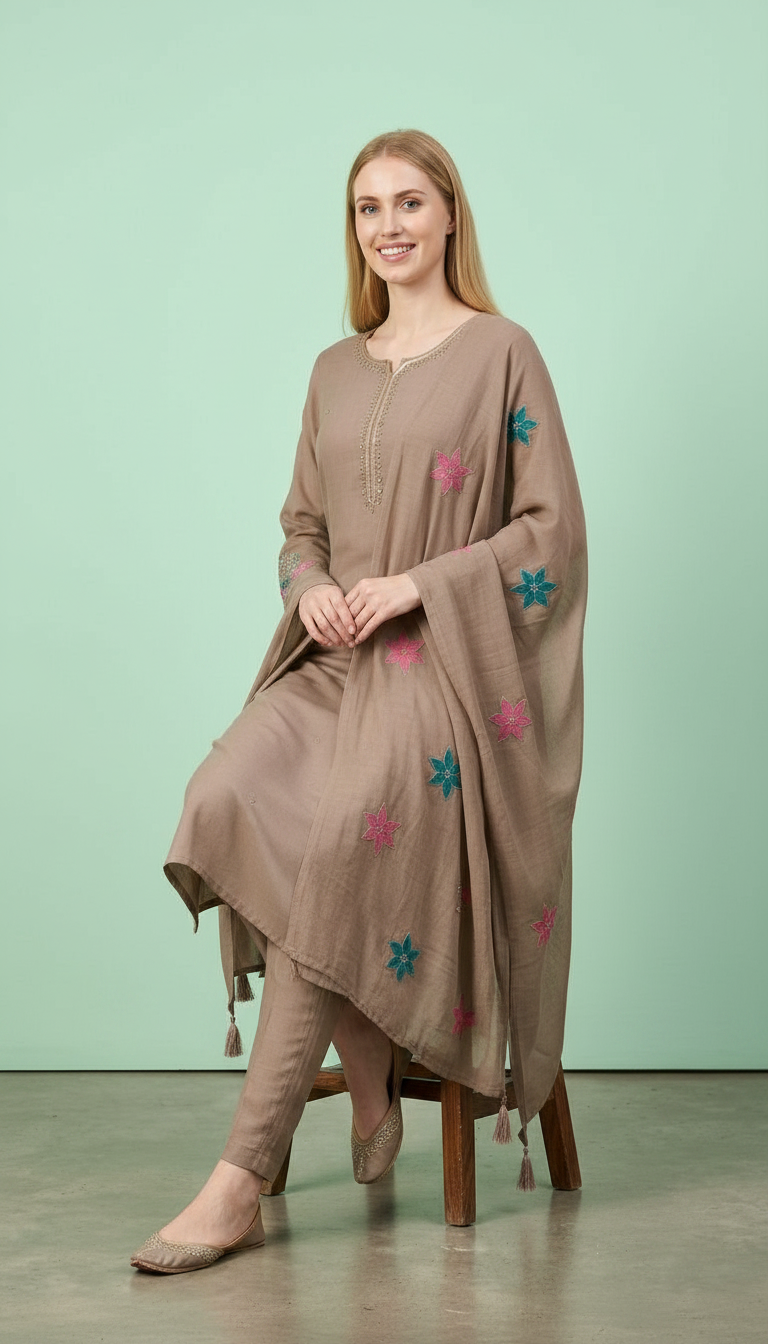 Embroidered Stylish Cotton Stitched Suit Set - Light Brown 2940 A / HC002424 view 5