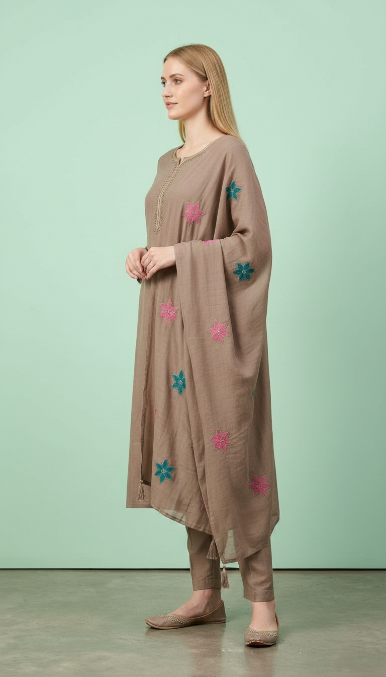 Embroidered Stylish Cotton Stitched Suit Set - Light Brown 2940 A / HC002424 view 2
