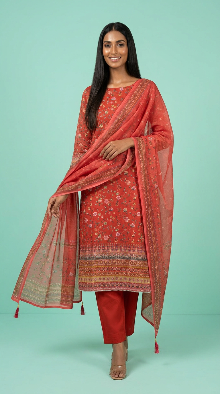 Stylish Embroidered Thread Work Shimmer Unstitched Suit - Gajri / HC001812