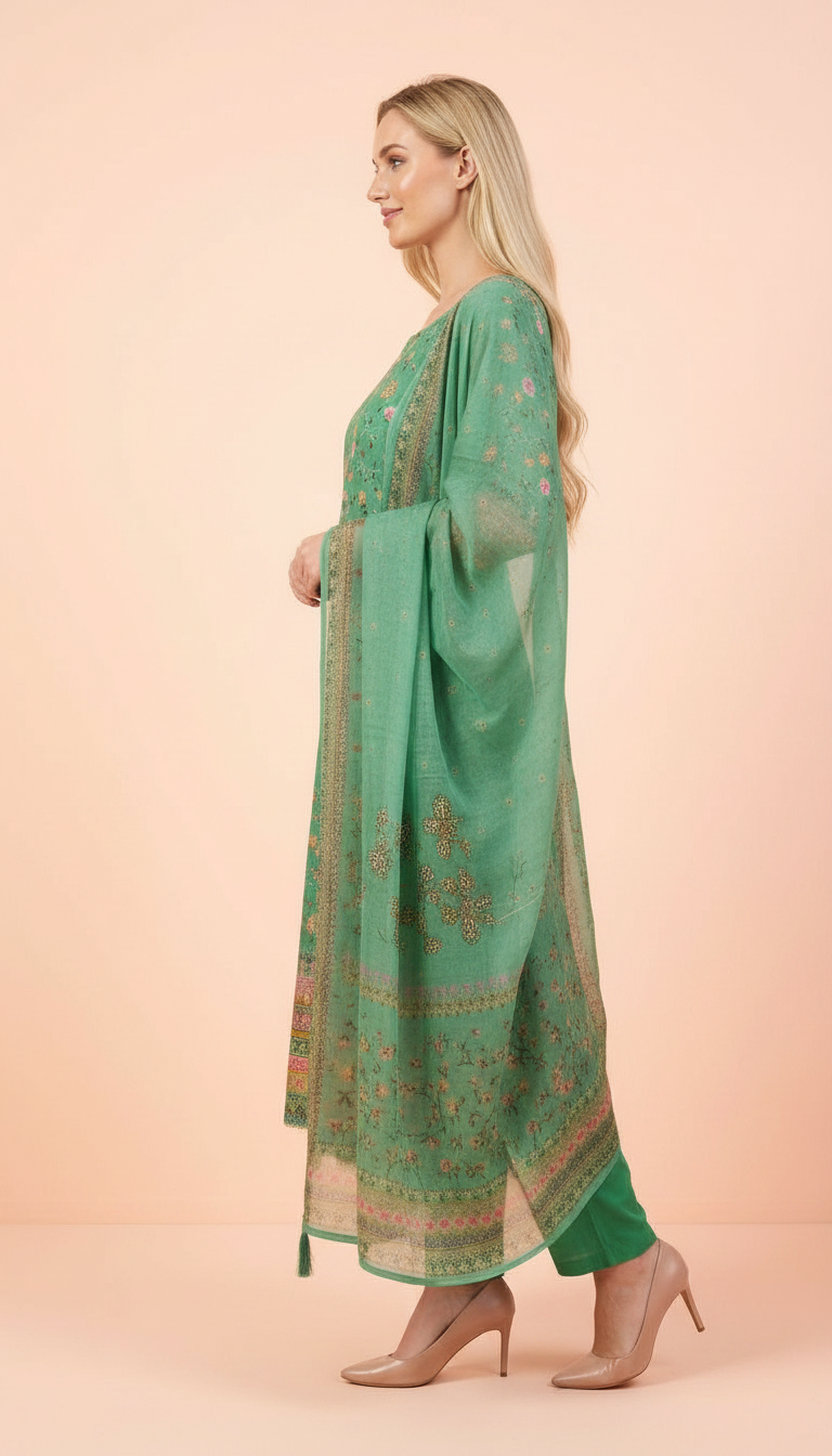 Stylish Embroidered Tread Work Shimmer Unstitched Suit- Firozi / HC001812 view 2
