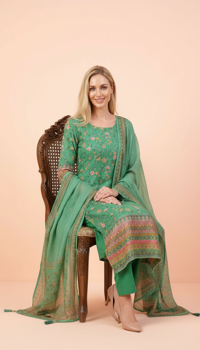 Stylish Embroidered Tread Work Shimmer Unstitched Suit- Firozi / HC001812 view 6