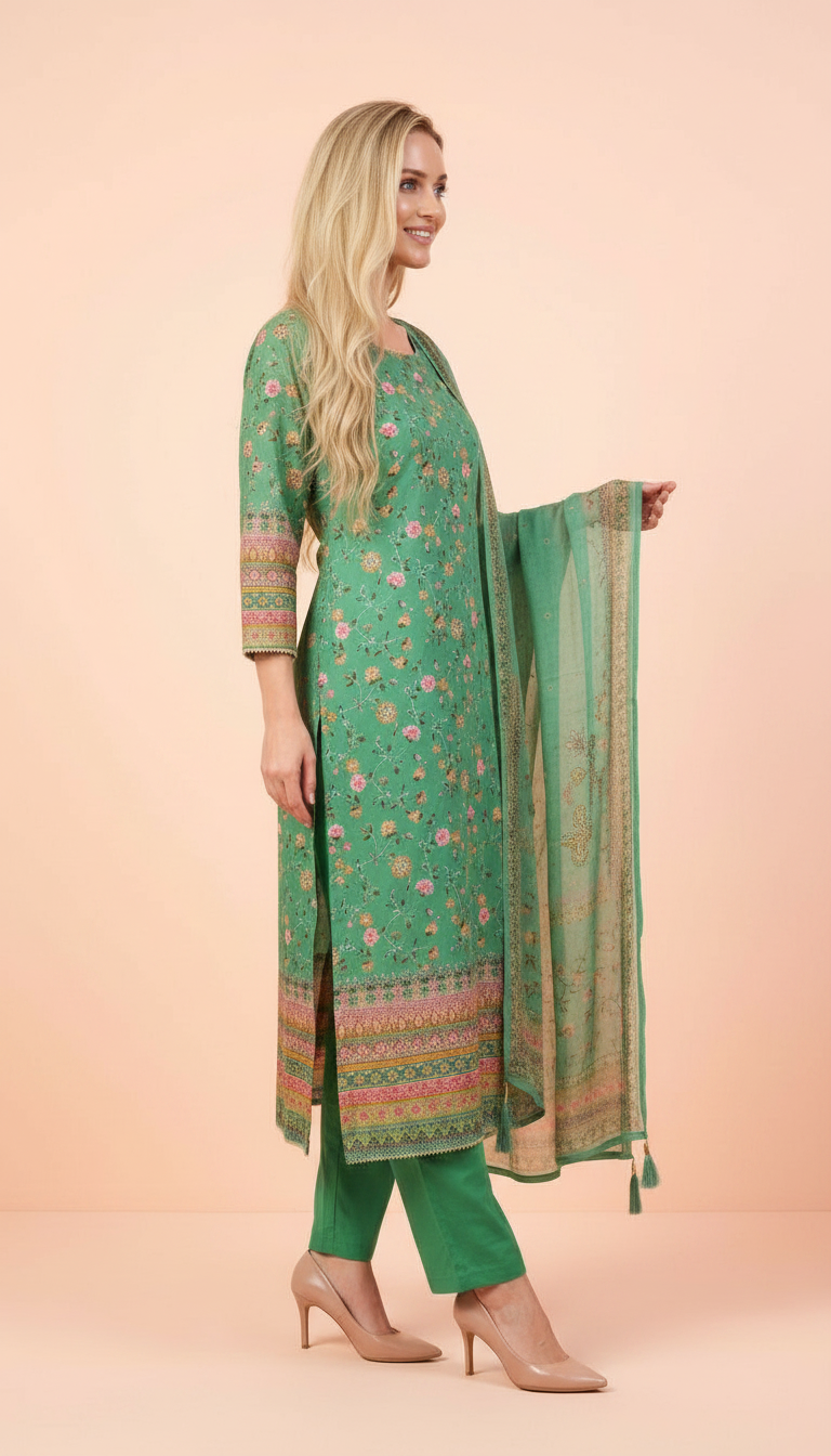 Stylish Embroidered Tread Work Shimmer Unstitched Suit- Firozi / HC001812 view 4