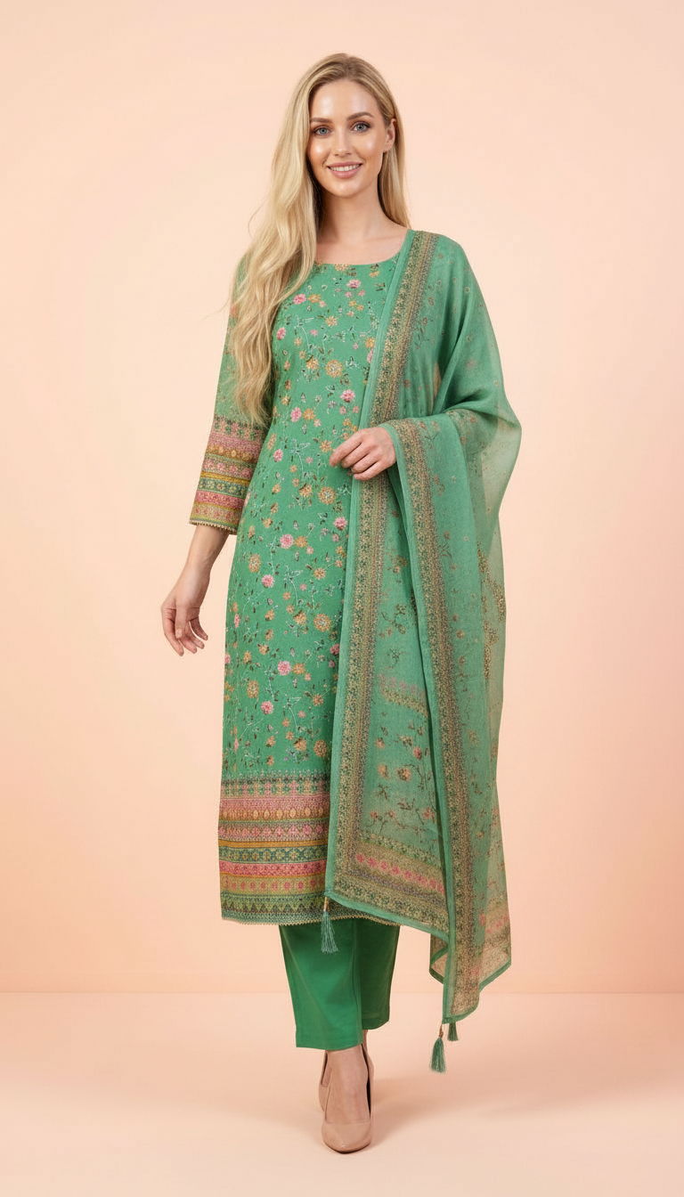 Stylish Embroidered Tread Work Shimmer Unstitched Suit- Firozi / HC001812 view 3