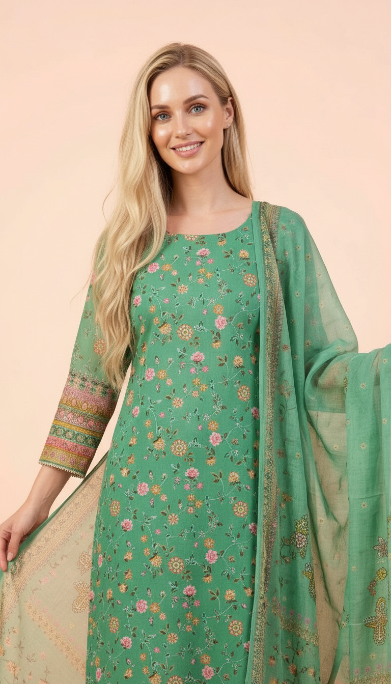 Stylish Embroidered Tread Work Shimmer Unstitched Suit- Firozi / HC001812 view 5