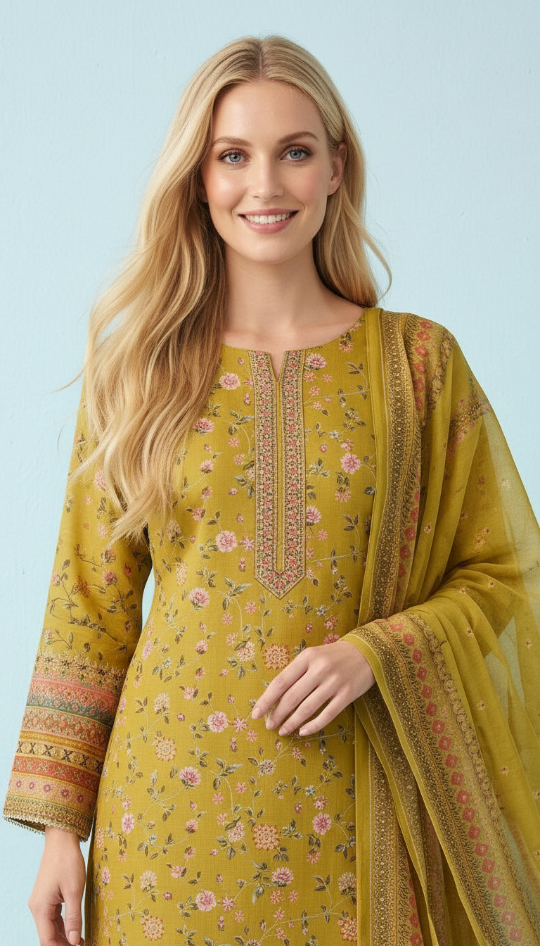 Stylish Embroidered Tread Work Shimmer Unstitched Suit - Green / HC001812 view 3