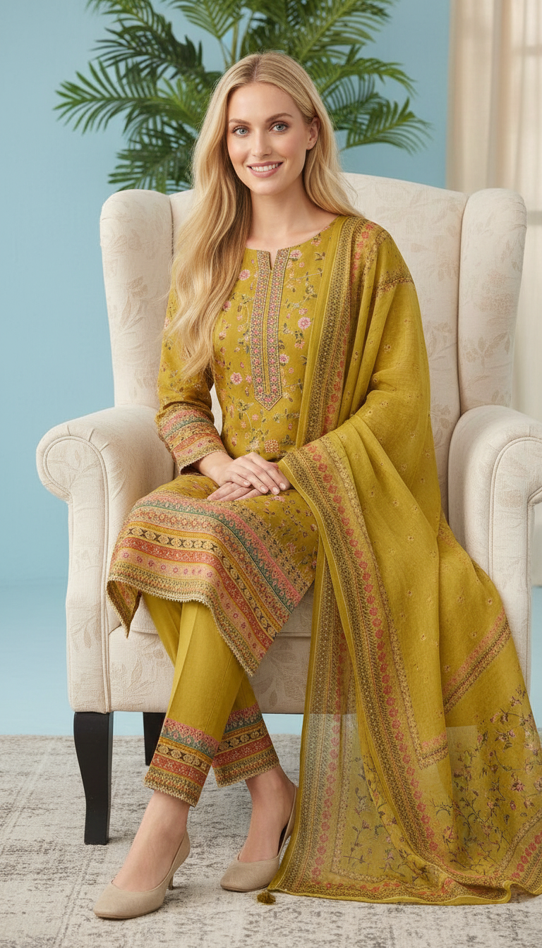 Stylish Embroidered Tread Work Shimmer Unstitched Suit - Green / HC001812 view 4
