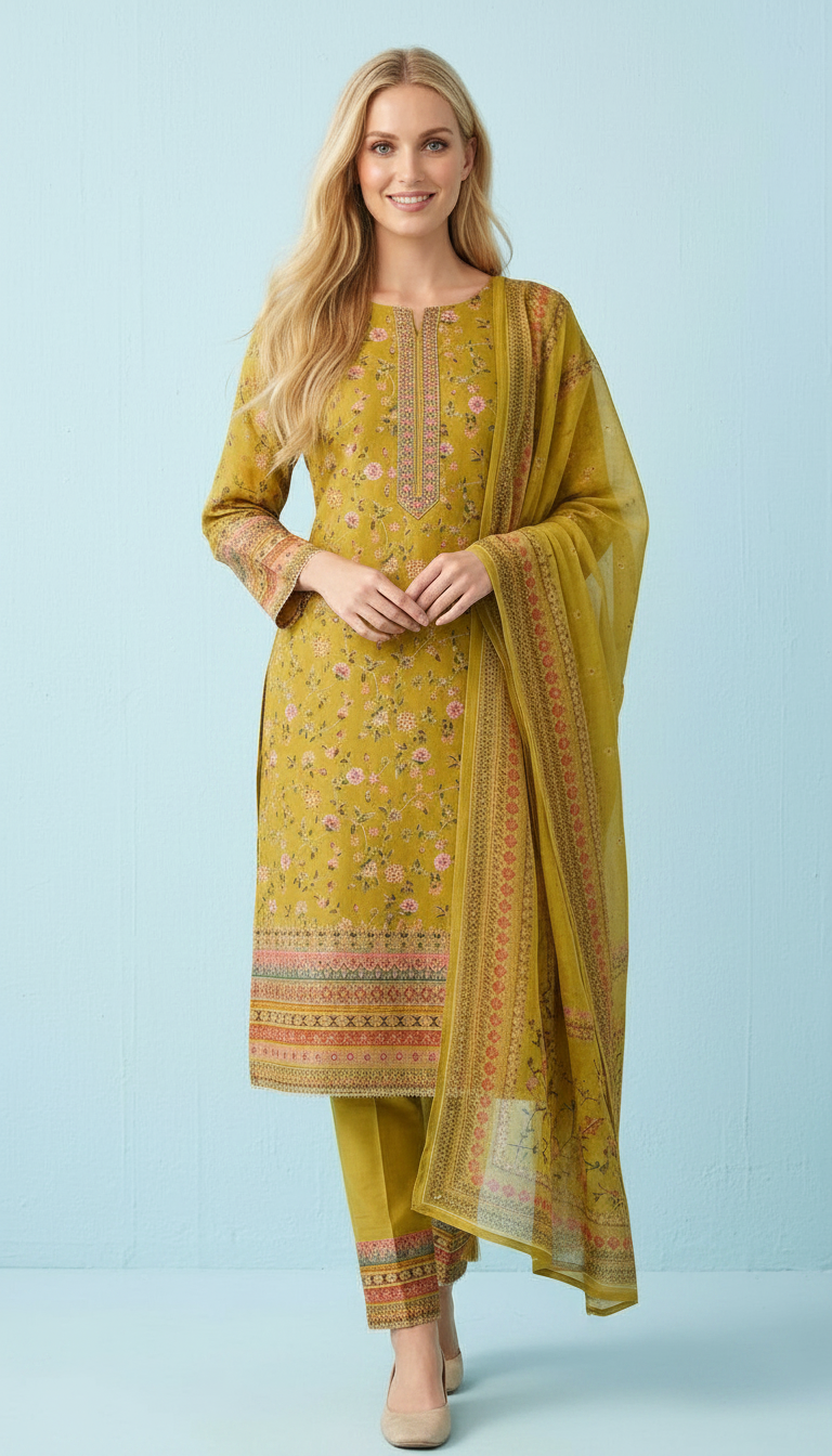 Stylish Embroidered Tread Work Shimmer Unstitched Suit - Green / HC001812 view 2