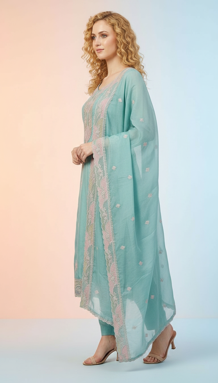 Elegant Embroidered Tissue Organza Unstitched Suit  -Sky Blue D / HC001796 view 3