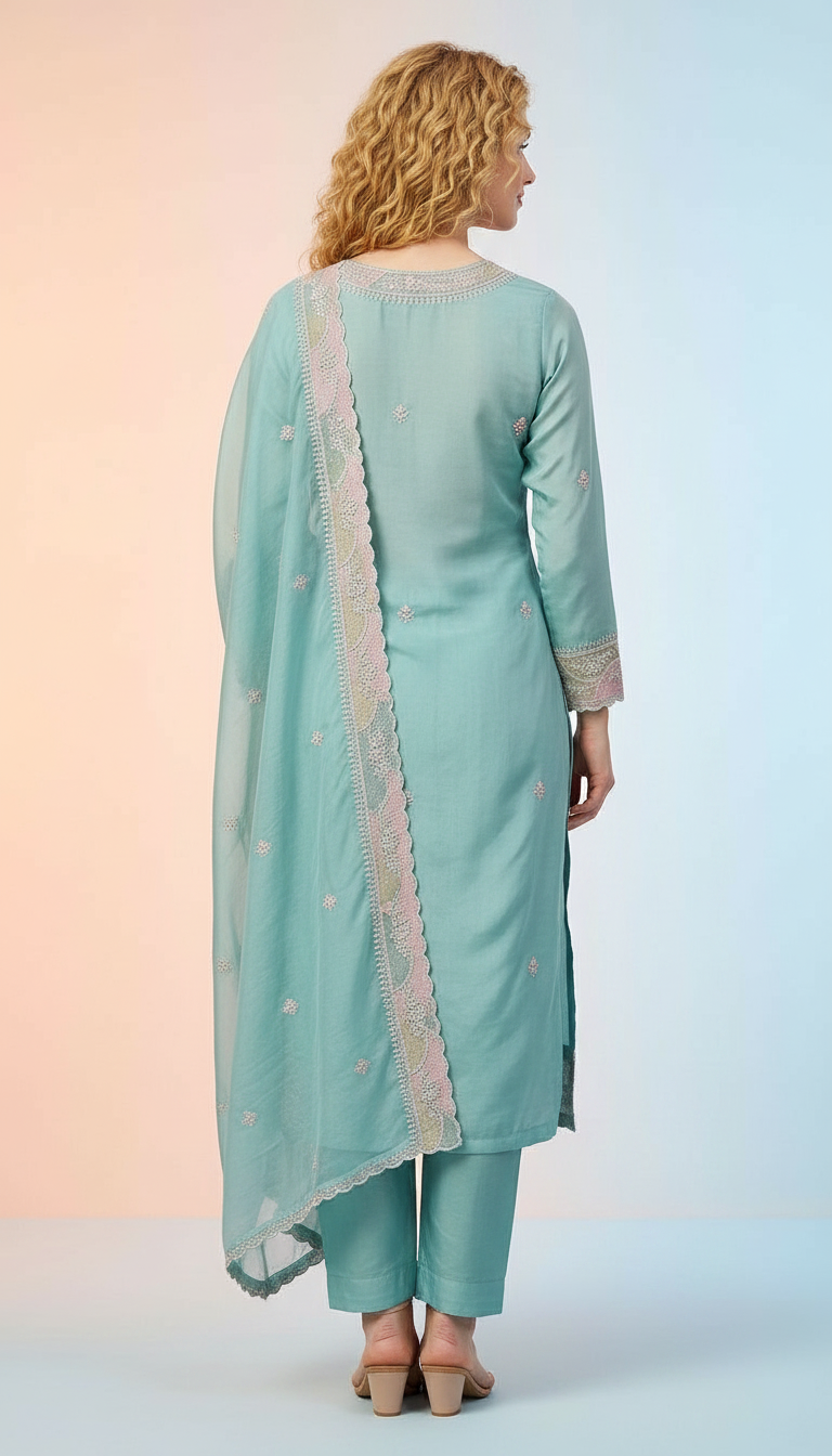 Elegant Embroidered Tissue Organza Unstitched Suit  -Sky Blue D / HC001796 view 5