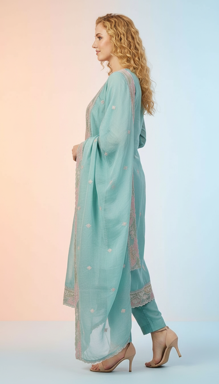 Elegant Embroidered Tissue Organza Unstitched Suit  -Sky Blue D / HC001796 view 2