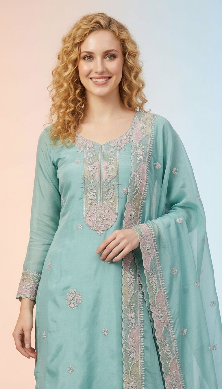 Elegant Embroidered Tissue Organza Unstitched Suit  -Sky Blue D / HC001796 view 4