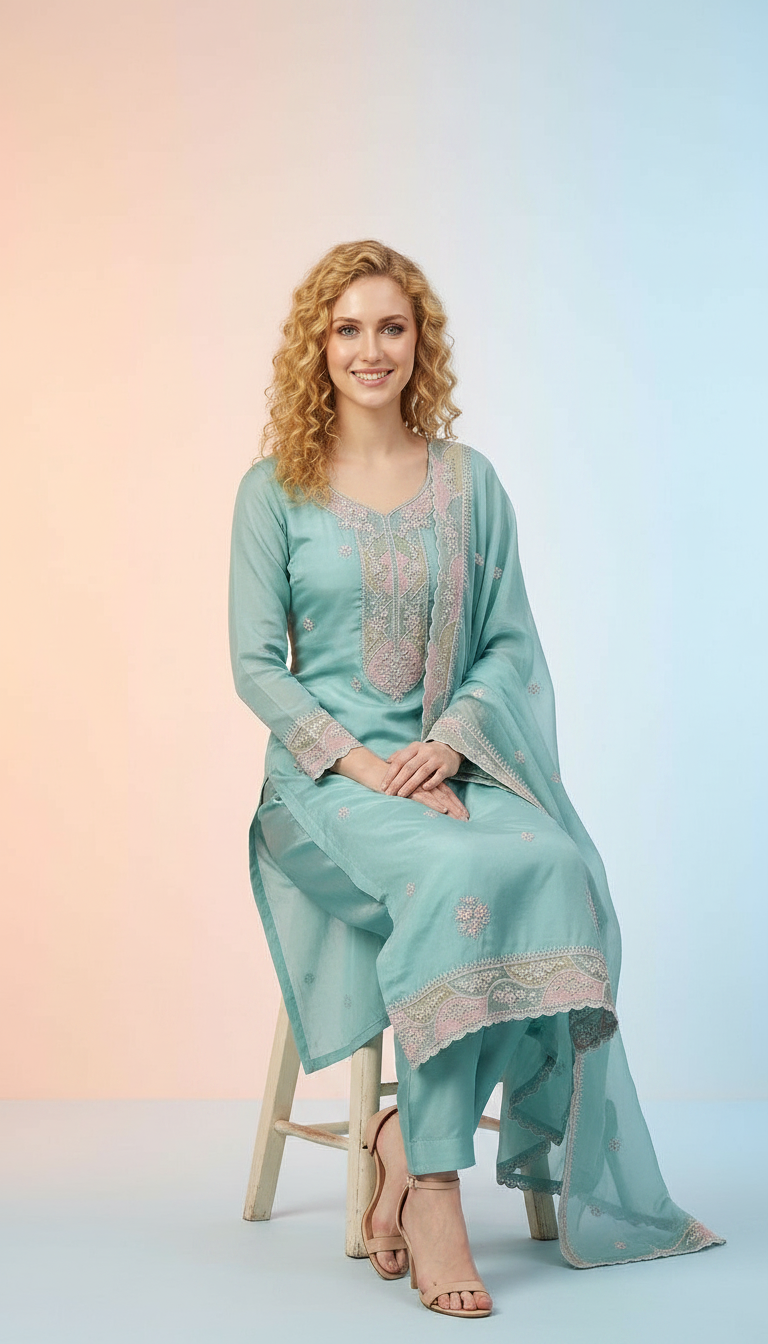 Elegant Embroidered Tissue Organza Unstitched Suit  -Sky Blue D / HC001796 view 6