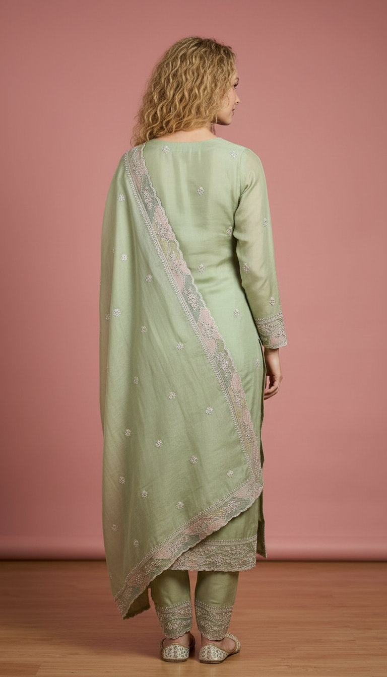 Elegant Embroidered Soft Tissue Unstitched Suit -Green C / HC001796 view 5