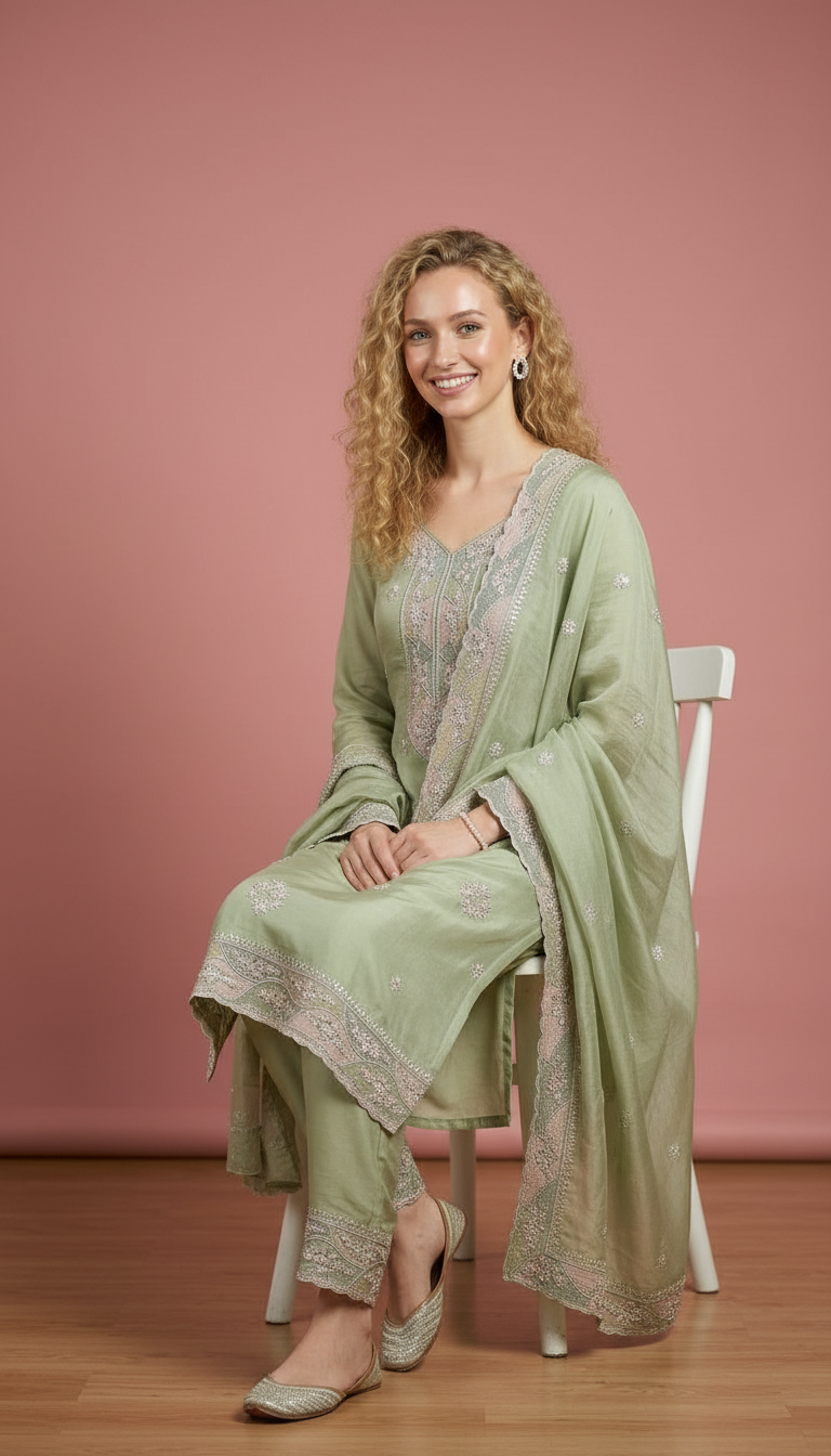 Elegant Embroidered Soft Tissue Unstitched Suit -Green C / HC001796 view 4