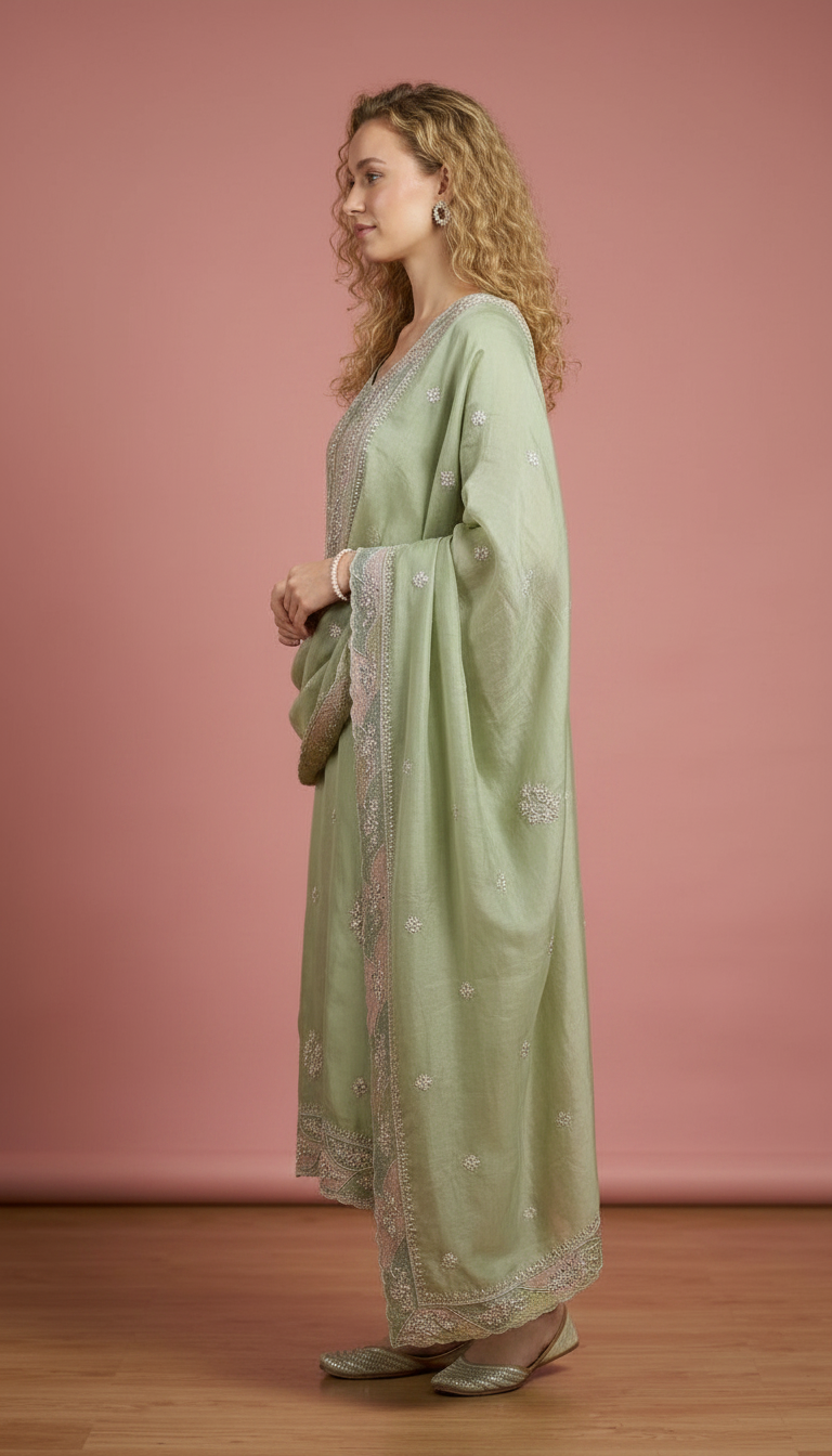 Elegant Embroidered Soft Tissue Unstitched Suit -Green C / HC001796 view 2