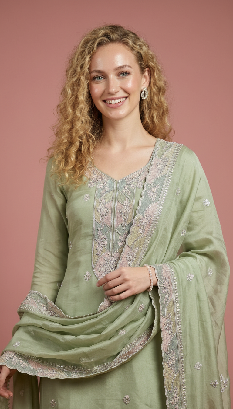 Elegant Embroidered Soft Tissue Unstitched Suit -Green C / HC001796 view 3