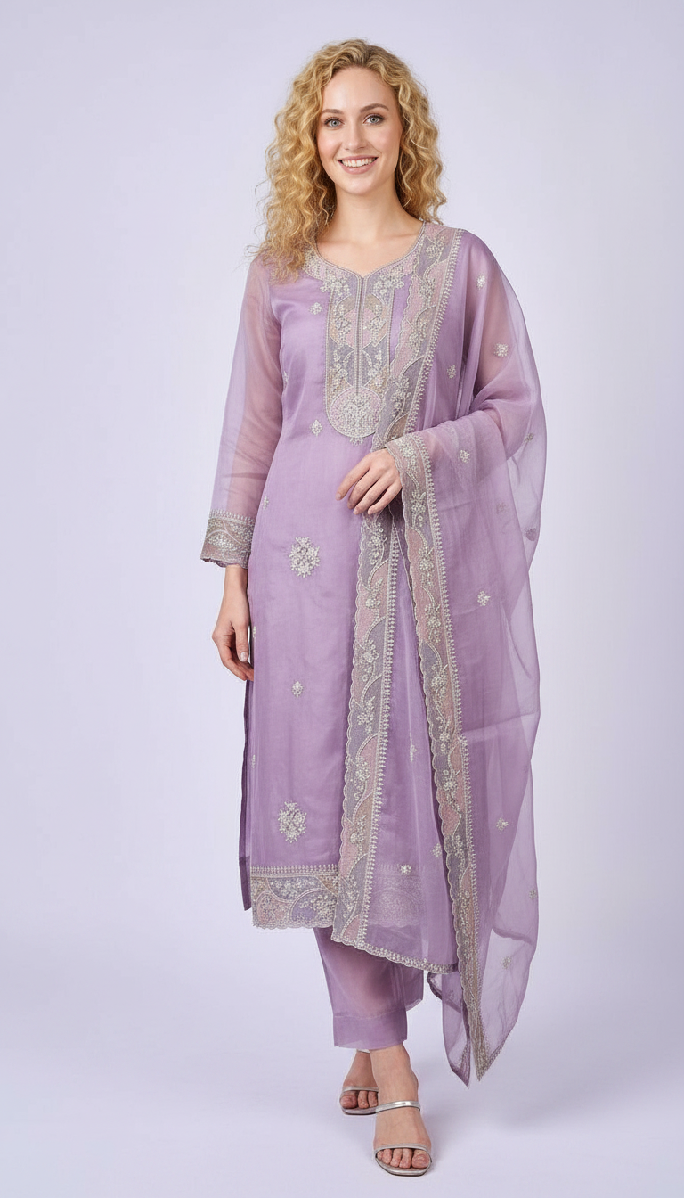 Elegant Embroidered  Soft Tissue Unstitched Suit - Purple A / HC001796 view 3