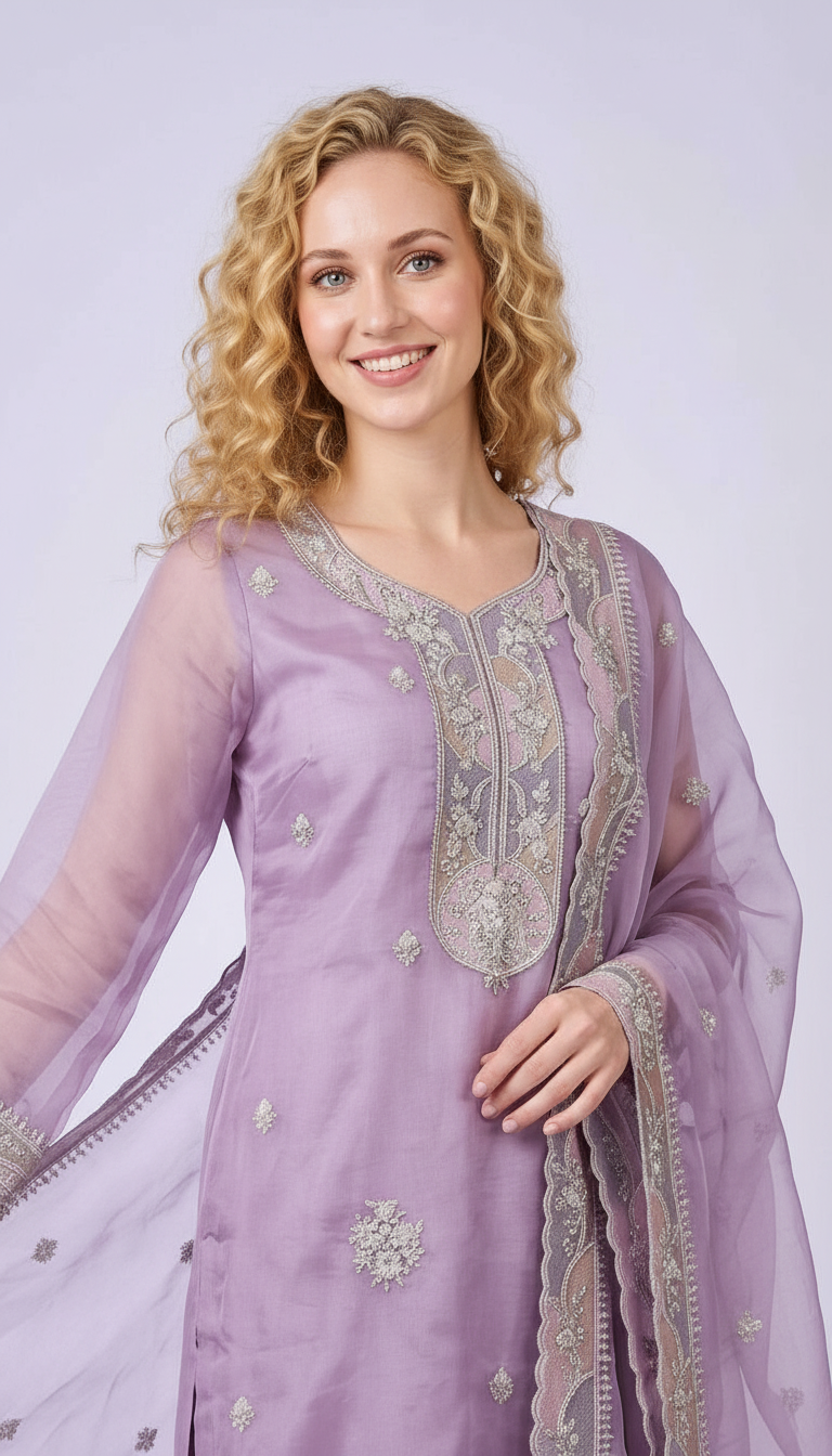Elegant Embroidered  Soft Tissue Unstitched Suit - Purple A / HC001796 view 5
