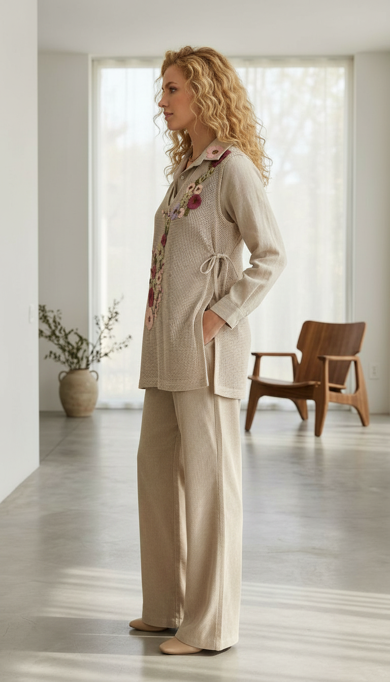 Designer Embroidered Linen Joot Cotton Cord Set With Shurg - 1405L / HC002509 view 2