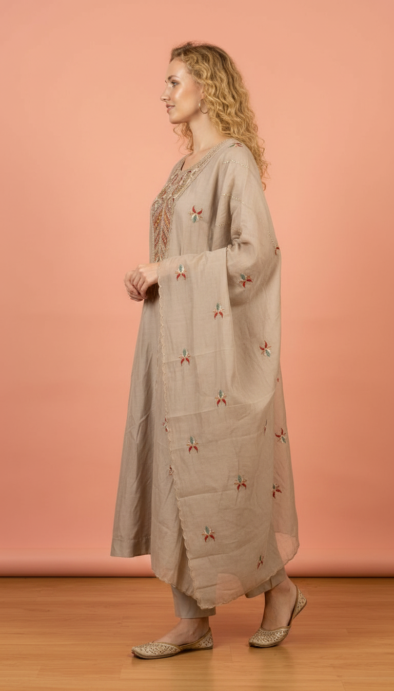 Embroidered Ethnic Stylish Stitched Frock Suit - Cream L / HC002524 view 2