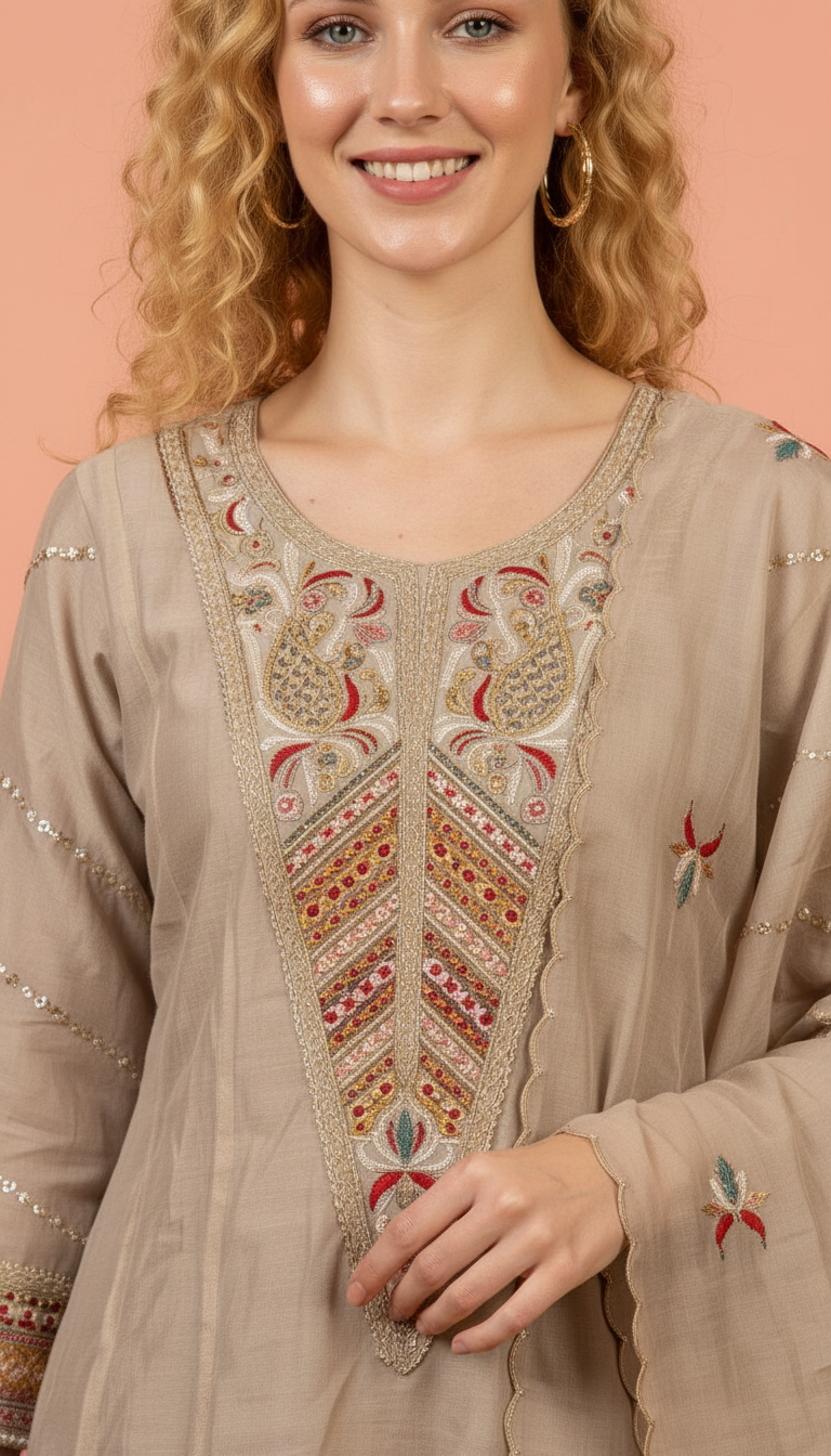 Embroidered Ethnic Stylish Stitched Frock Suit - Cream L / HC002524 view 4