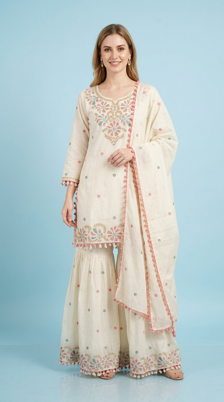 Pure Mal Cotton Embroidered Stitched Sharara Suit - 1060 L / HC002516 view 2
