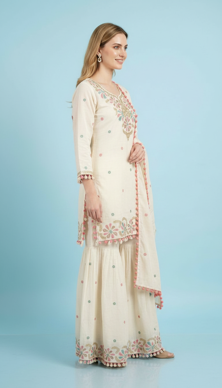 Pure Mal Cotton Embroidered Stitched Sharara Suit - 1060 L / HC002516 view 4