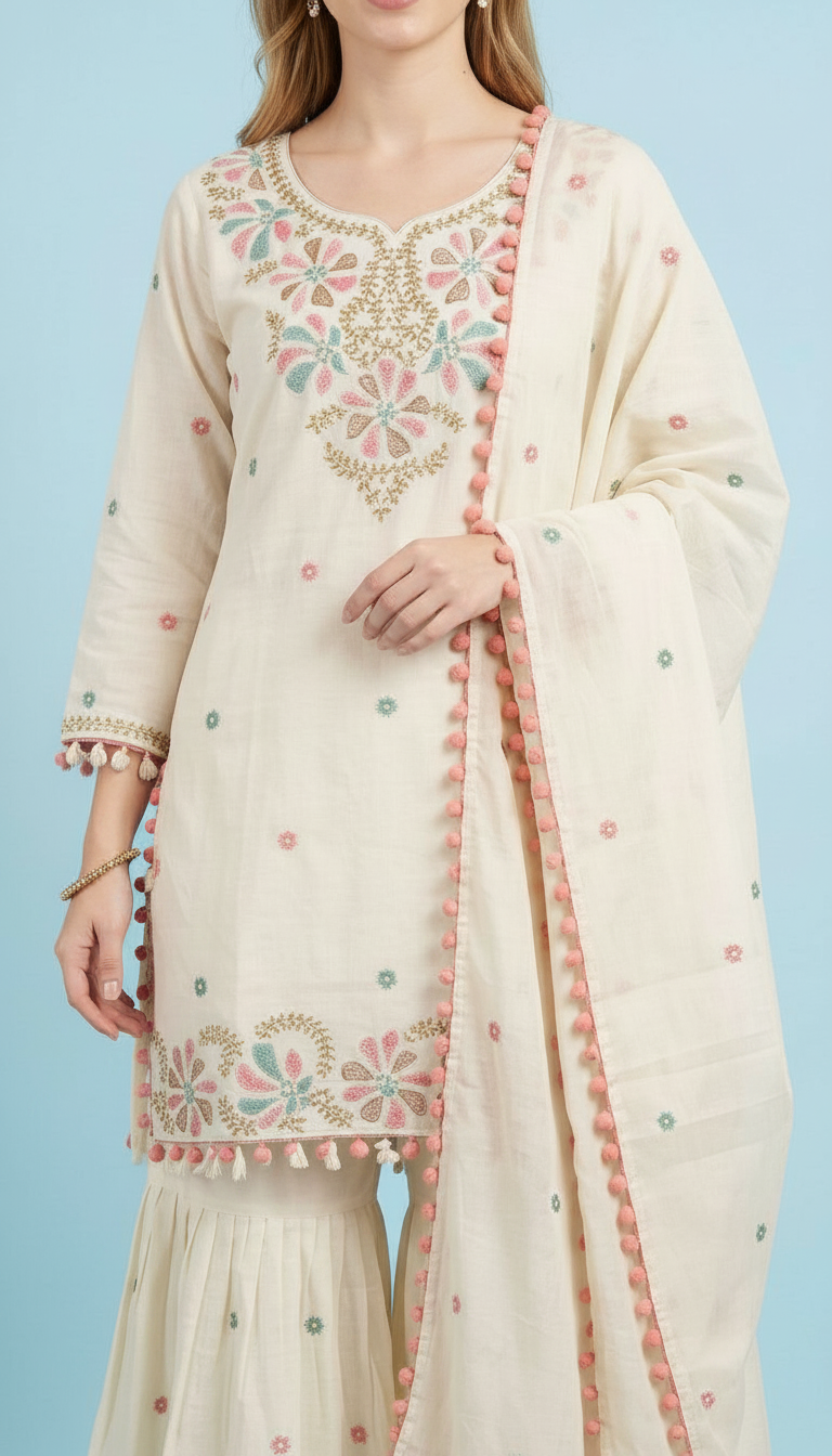 Pure Mal Cotton Embroidered Stitched Sharara Suit - 1060 L / HC002516 view 6