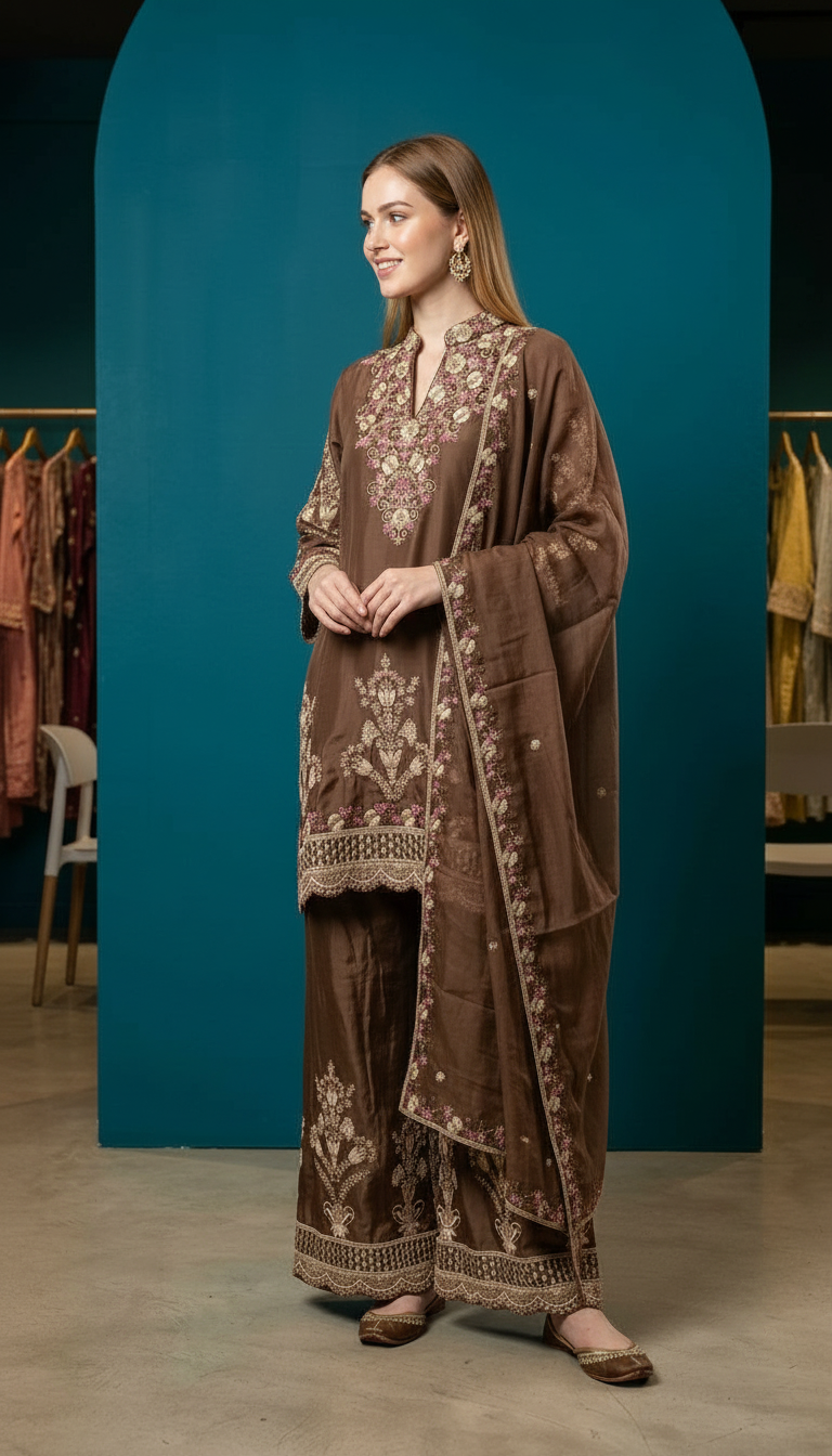 Heavy Embroidered Pure Chinon Silk Stitched Flapper Suit - MT 3949 S / SD00180 view 2