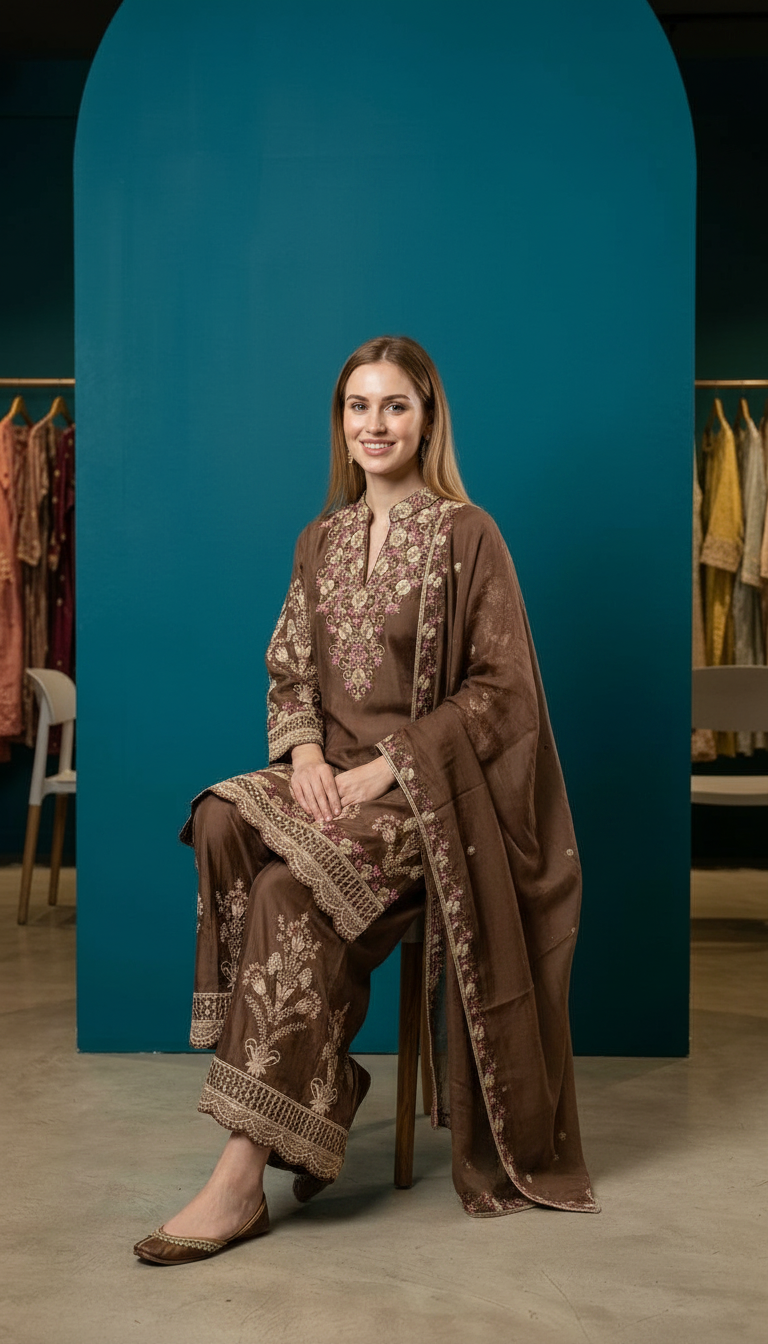 Heavy Embroidered Pure Chinon Silk Stitched Flapper Suit - MT 3949 S / SD00180 view 5