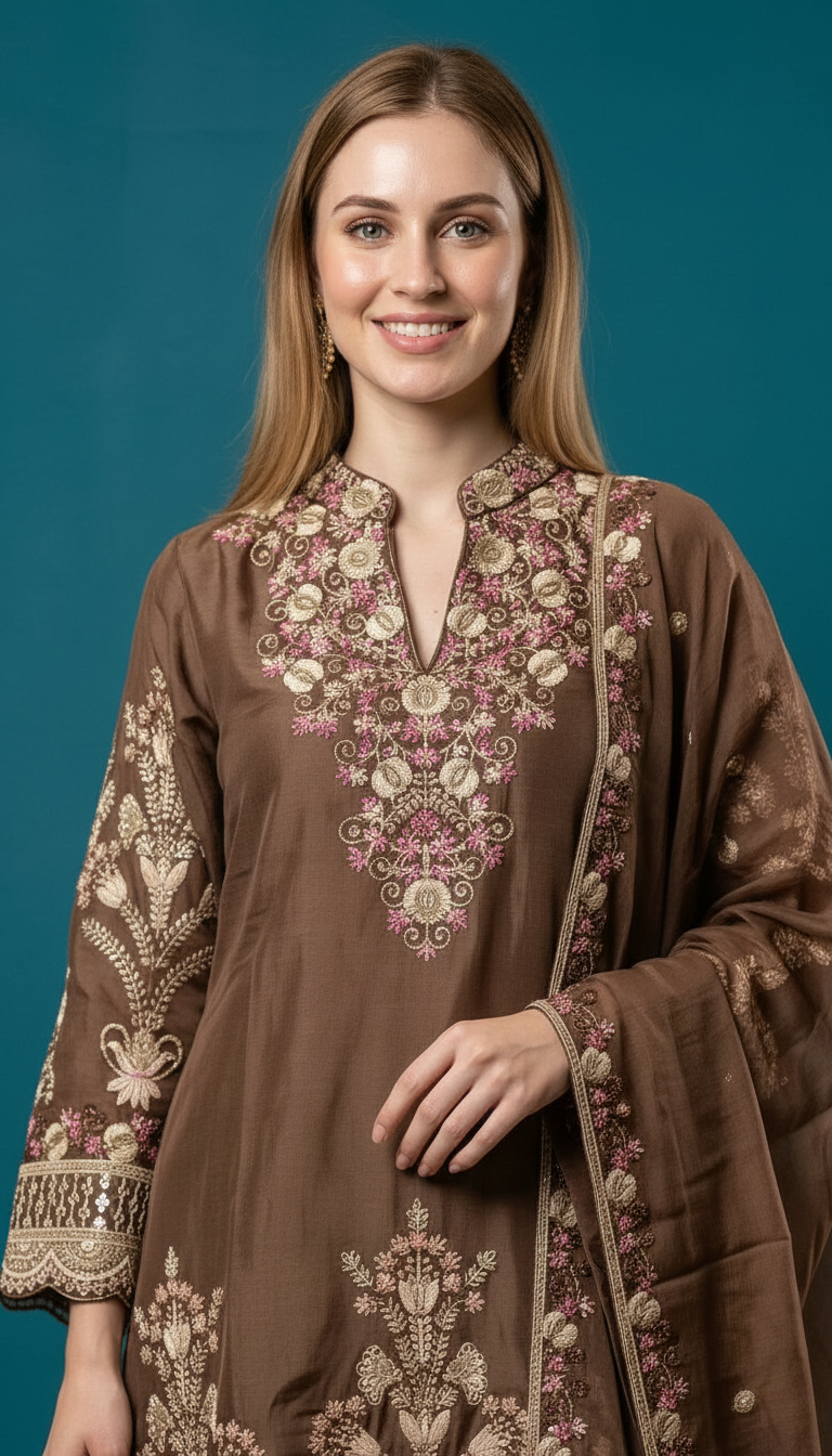 Heavy Embroidered Pure Chinon Silk Stitched Flapper Suit - MT 3949 S / SD00180 view 4