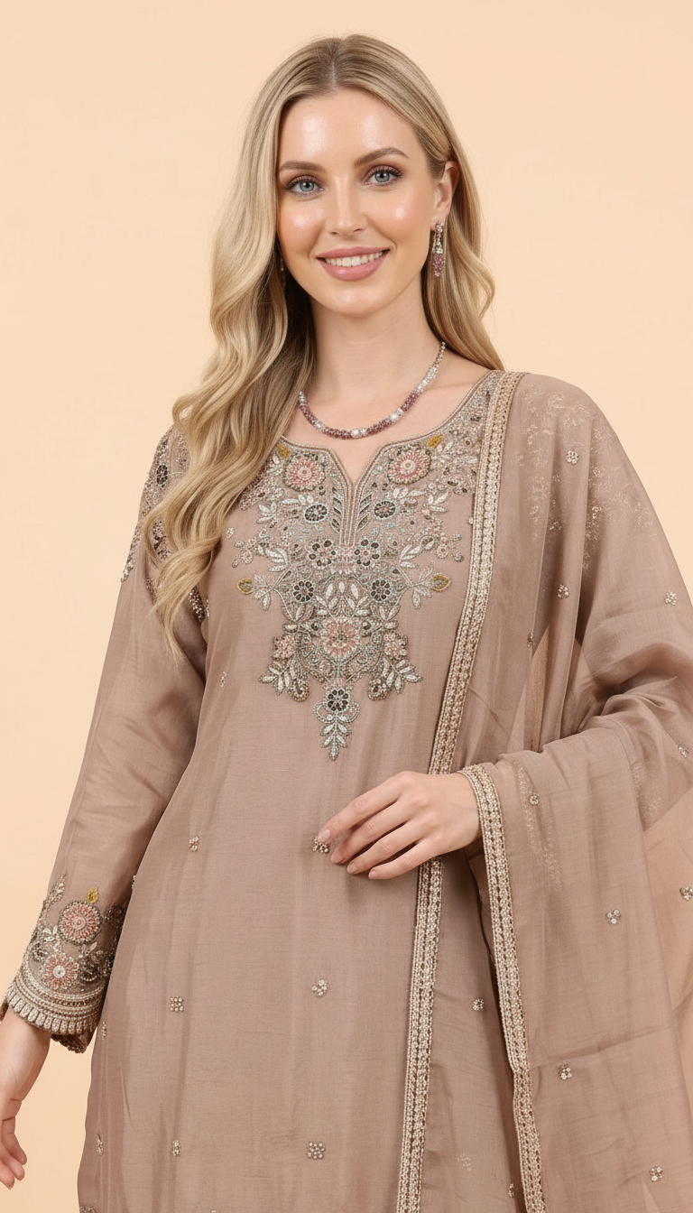 Stylish Embroidered Chinon Flapper Stitched Suit - Golden XXL / SD00179 view 5