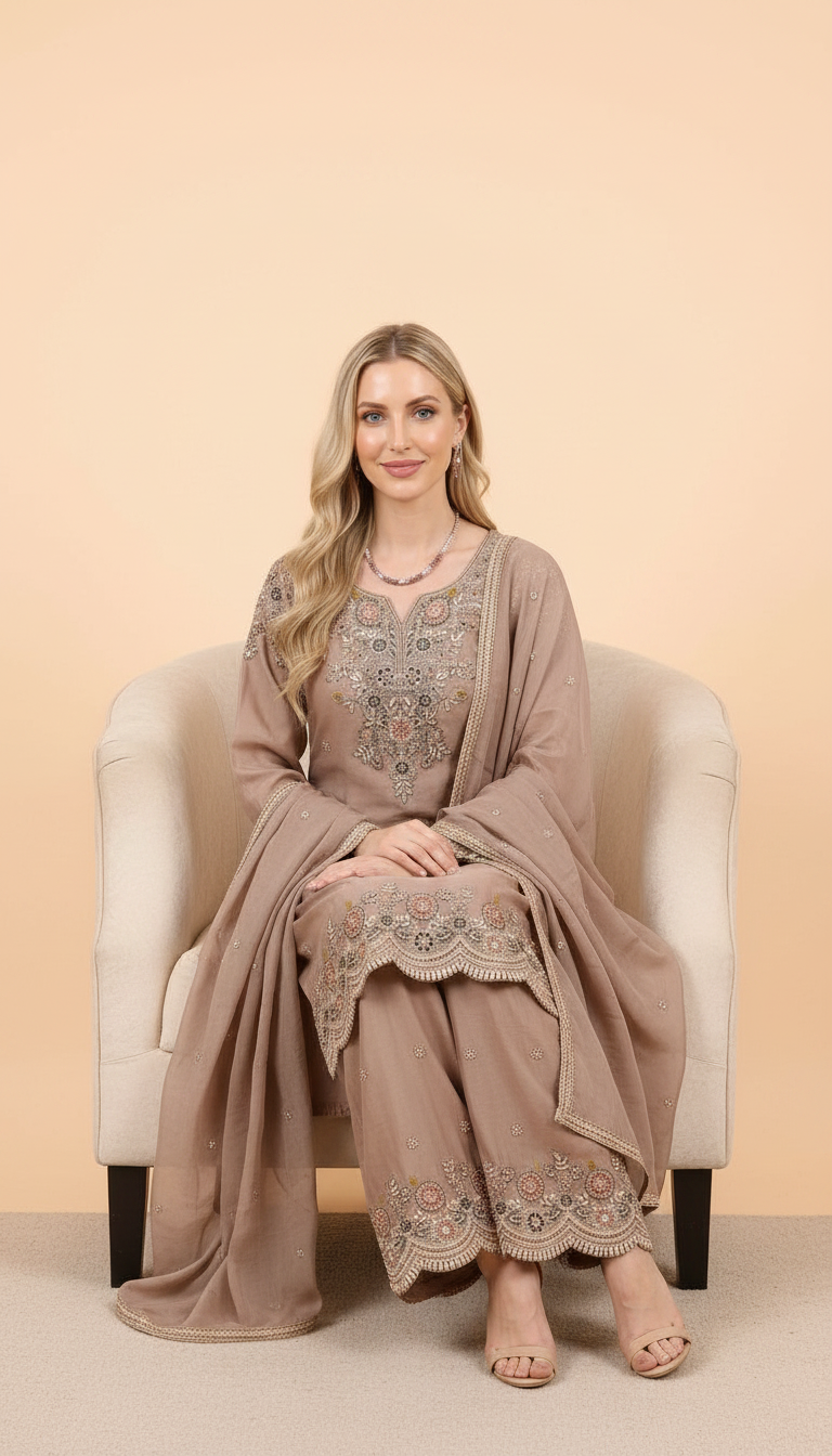 Stylish Embroidered Chinon Flapper Stitched Suit - Golden XXL / SD00179 view 6