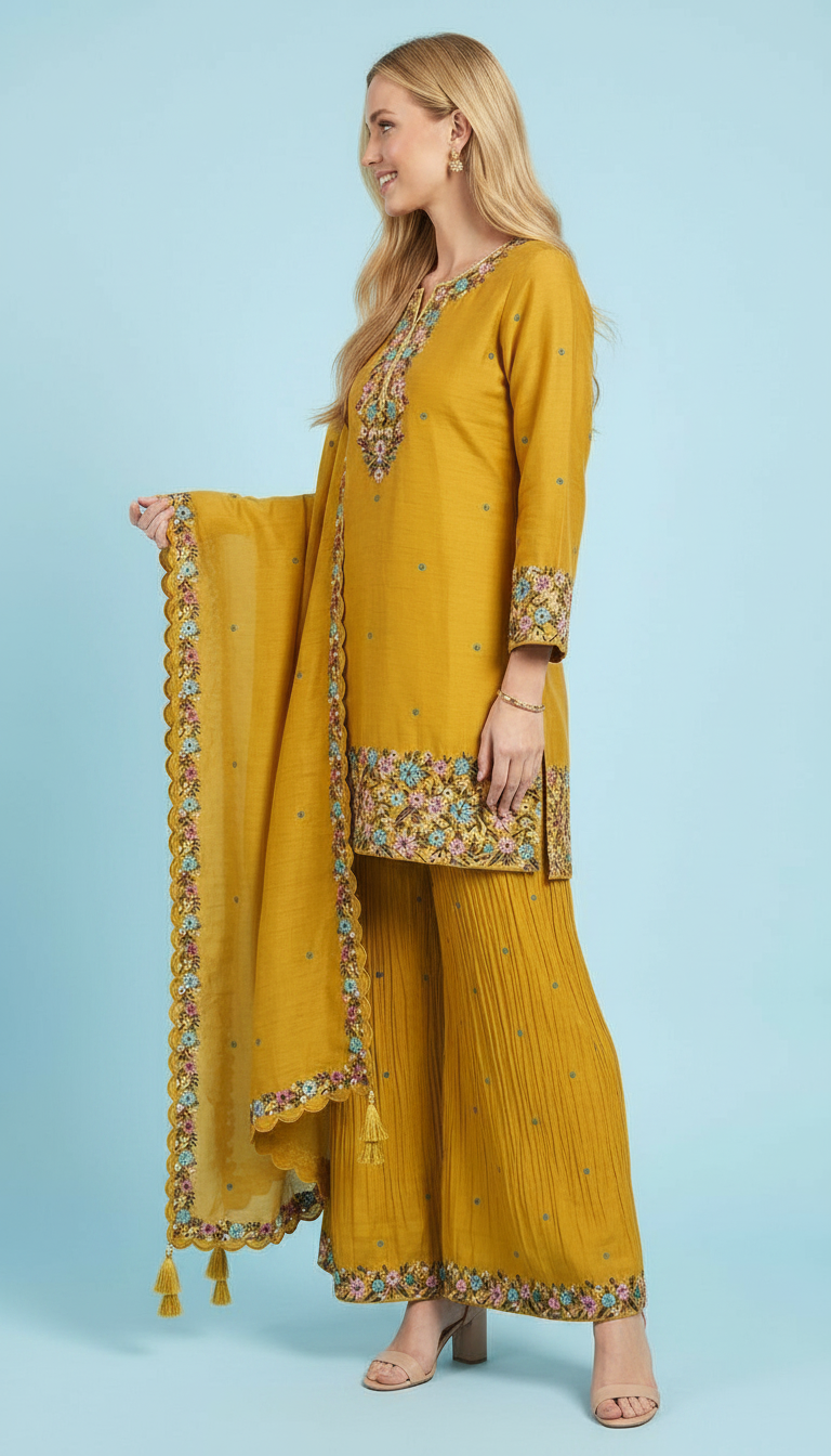 Pure Chinon Embroidered Fancy Work Stitched Flapper Suit - Yellow / HC002431 view 2
