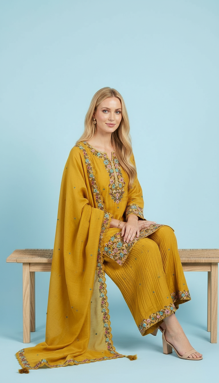 Pure Chinon Embroidered Fancy Work Stitched Flapper Suit - Yellow / HC002431 view 6